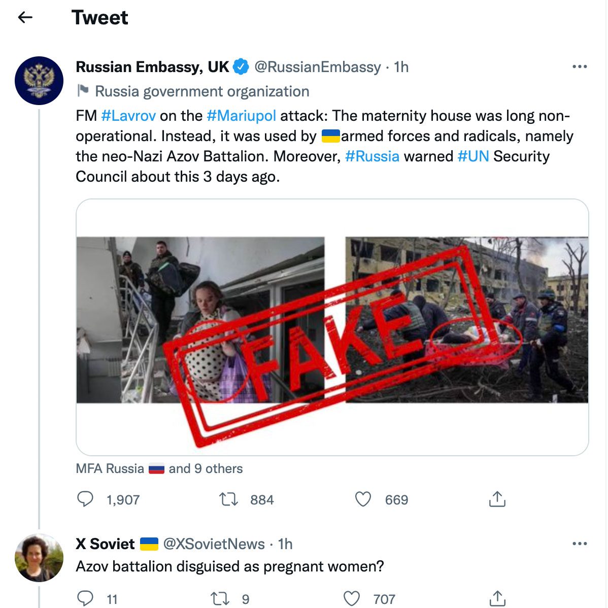 Твіти посольства Росії у Великобританії з фейковою інформацією про поранених вагітних жінок зі знищеного пологового в Маріуполі