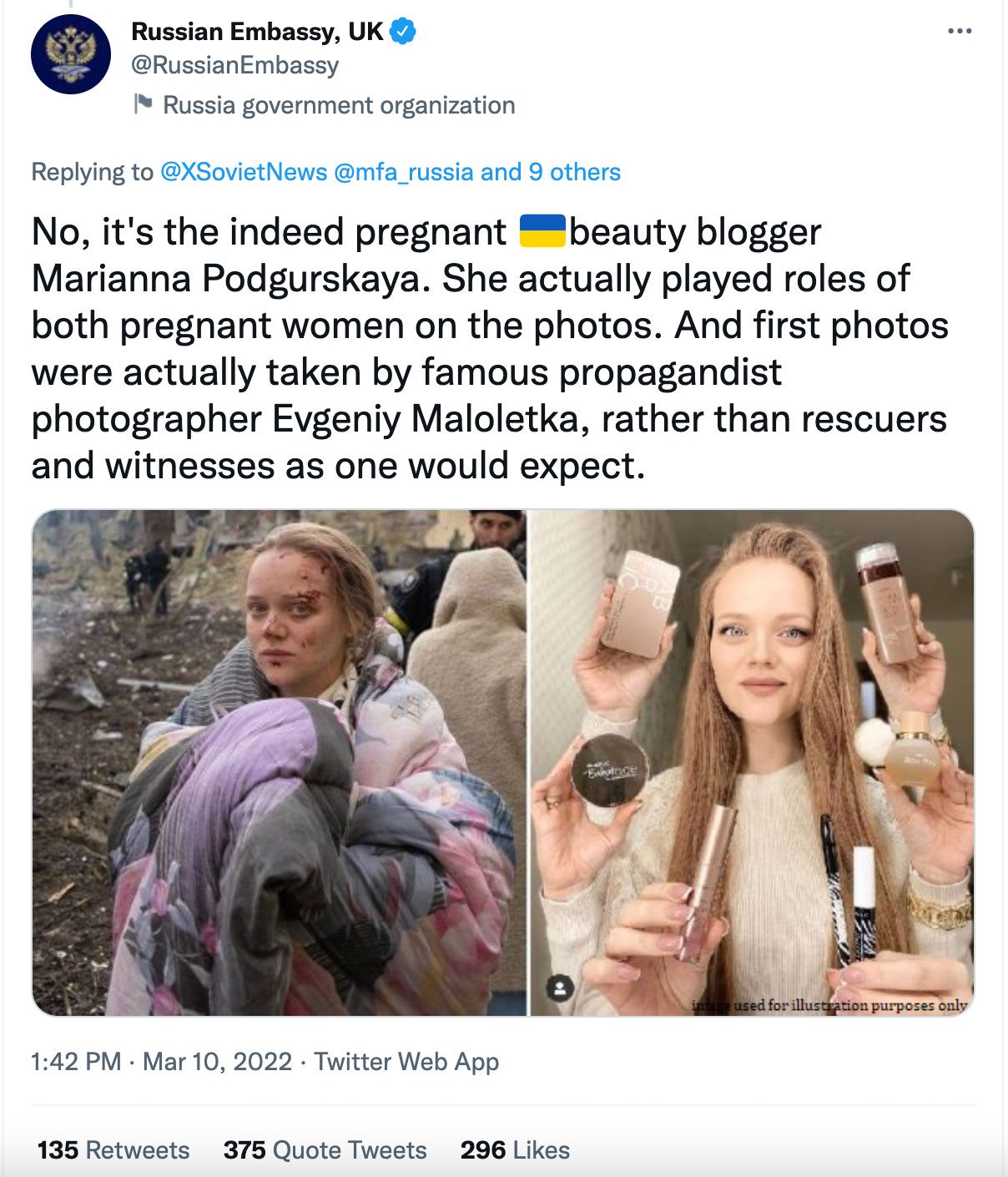 Твіти посольства Росії у Великобританії з фейковою інформацією про поранених вагітних жінок зі знищеного пологового в Маріуполі