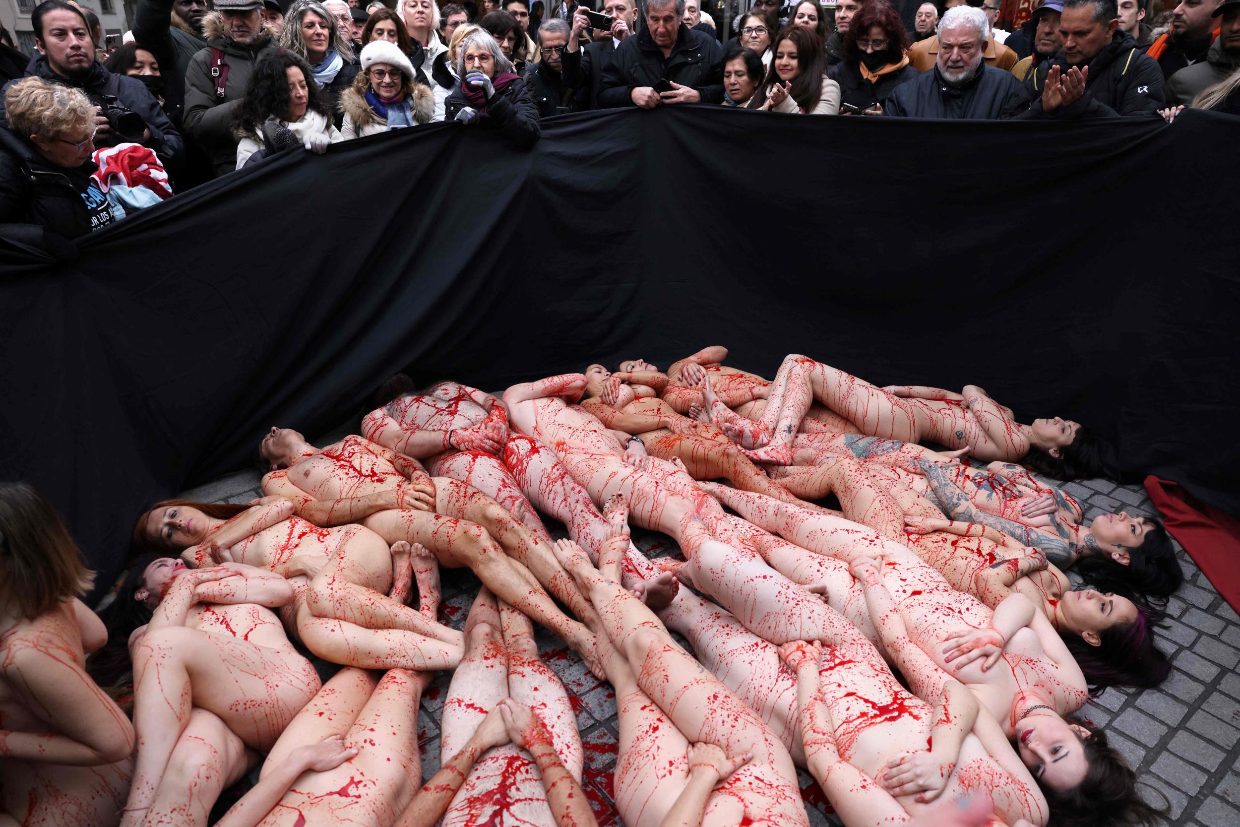 Група оголених активісток на акции з медатиою закрыть хутряни ферми.  Madrid, España