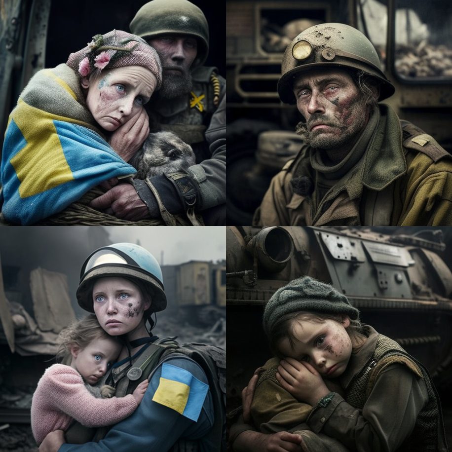 Варіації зображень, зроблених штучним інтелектом, за запитом Найбільш знакова фотографія війни в Україні