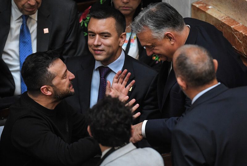 Ukrainian President Volodymyr Zelensky (left), Ecuador's representative and Hungarian Prime Minister Viktor Orban attend the inauguration ceremony of new Argentine President Milieu. Photo by Fernando Gens / dpa (Photo by Fernando Gens / picture alliance via Getty Images)