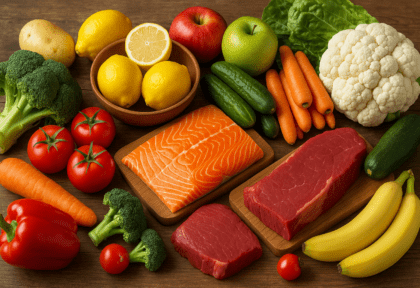 овочі, риба та фрукти на столі